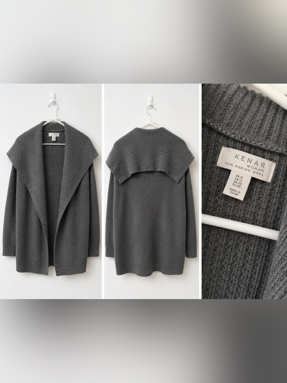 Kenar Charcoal Open-Front Merino Wool Shawl Collar Cardigan